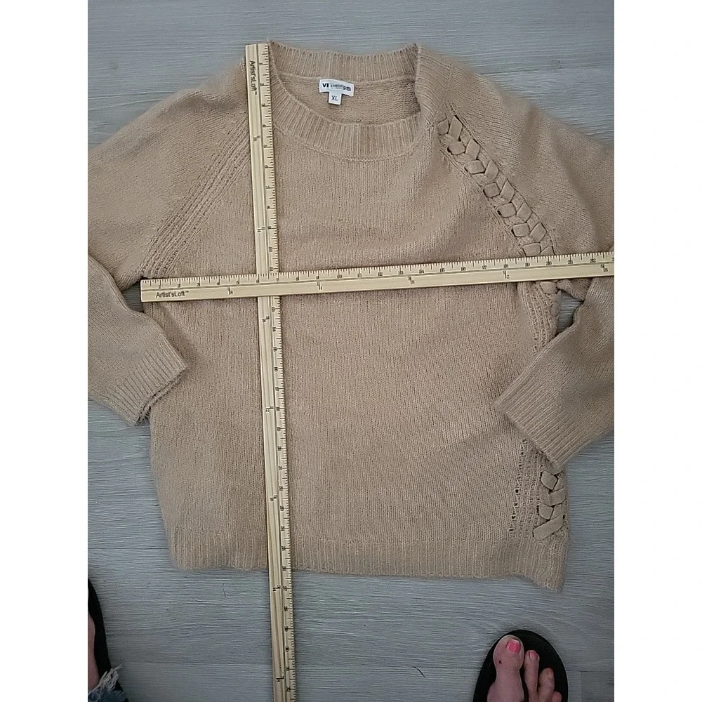 Vigoss Tan  Plus Size XL Designer Luxury Long‎ Sleeve Braided Crew Neck Sweater